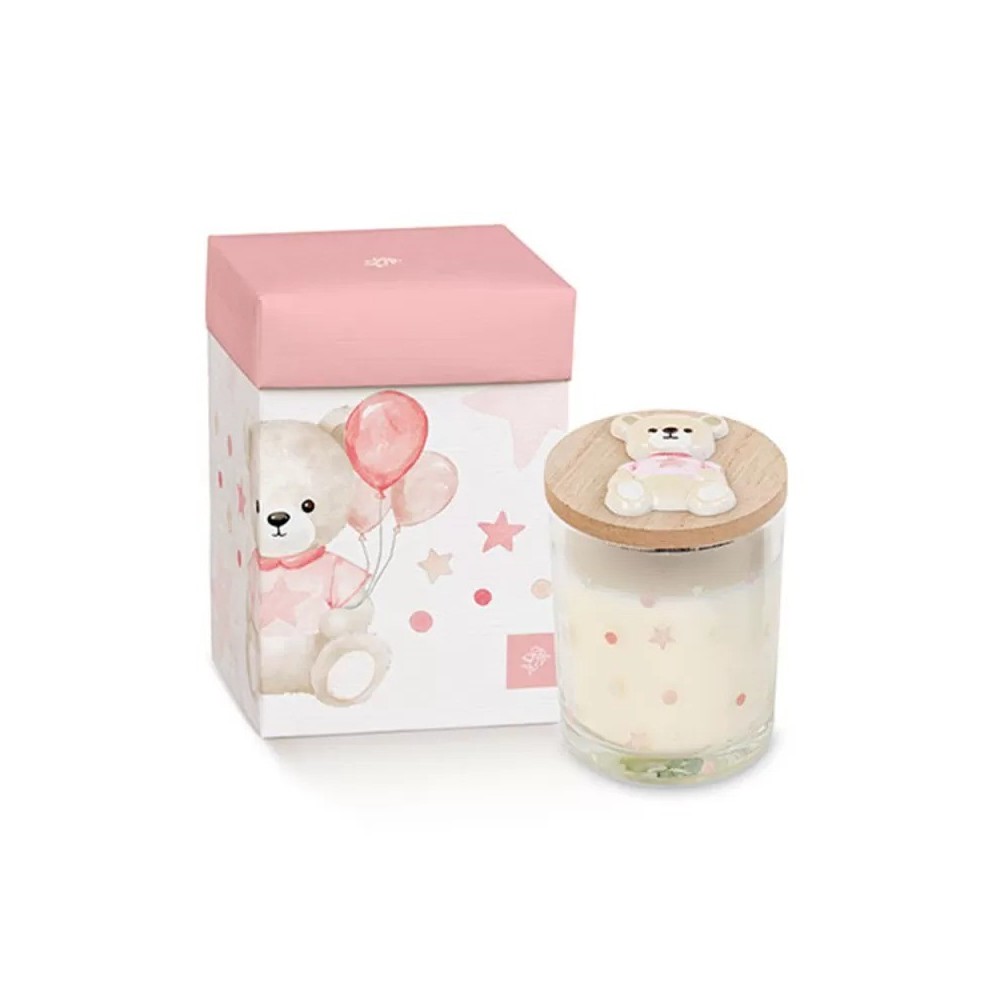 CANDELA IN VETRO ORSETTO PALLONCINO ROSA D7 H9 CON SCATOLA